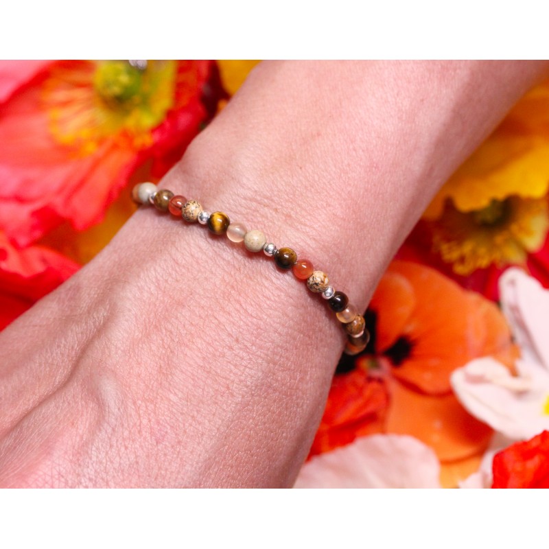 Bracelet extensible en pierres naturelles d'Agate orange véritable et arbre  de vie en argent rhodié