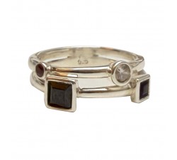 Bague Multi Pierres en Argent 925 – Onyx, Grenat, Améthyste & Zircon
