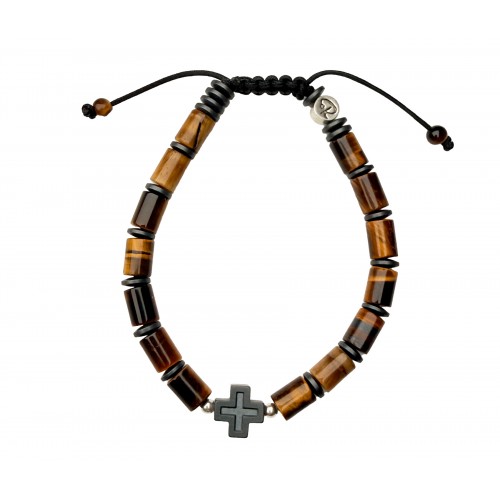 Bracelet Homme Croix Protectrice – Œil de Tigre Cylindres & Cordon Ajustable | Rêve de Jade