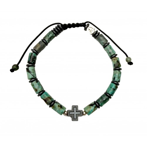 Bracelet Homme Croix Protectrice – Turquoise Africaine Cylindres & Cordon Ajustable | Rêve de Jade